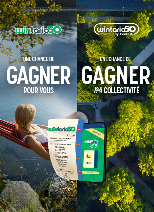 Wintario50. Une chance de gagner pour vous. Concours Wintario50 donne en retour. Une chance de gagner pour votre collectivité.