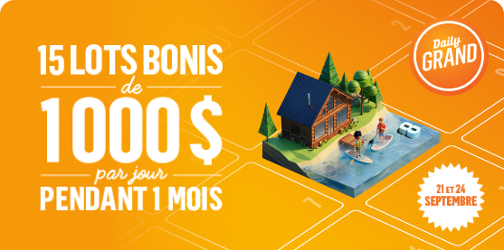 Billet de loterie DAILY GRAND pour la promotion en vue des dates des tirages bonis du 21 et du 24 septembre.