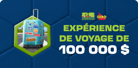 Une valise couverte de logos de jeux d’OLG avec un texte, qui dit : « EXPÉRIENCE DE VOYAGE DE 100 000 $ ».
